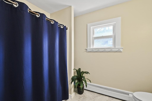 28 Upton St, Adams, MA 01220 - bathroom with toilet, curtained shower, marble finish floor, and a baseboard radiator