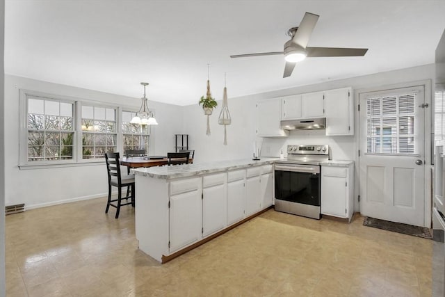 kitchen featuring white cabinets, ceiling fan with notable chandelier, stainless steel electric range oven, decorative light fixtures, and kitchen peninsula