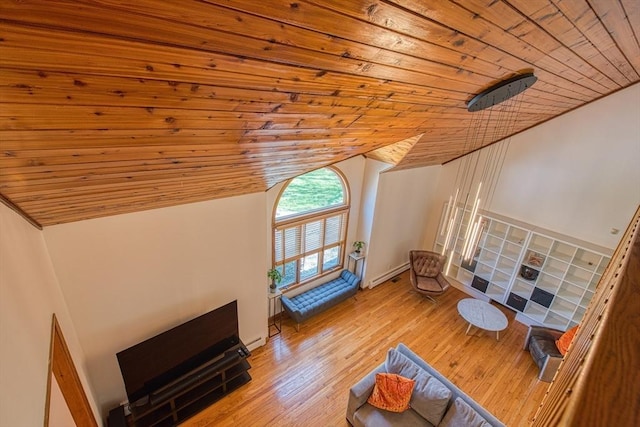 unfurnished living room featuring wood ceiling, lofted ceiling, and wood finished floors