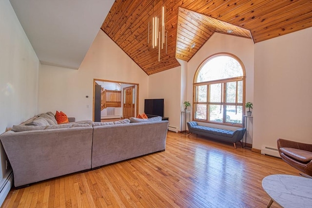 living room with light wood-style floors, wood ceiling, and high vaulted ceiling