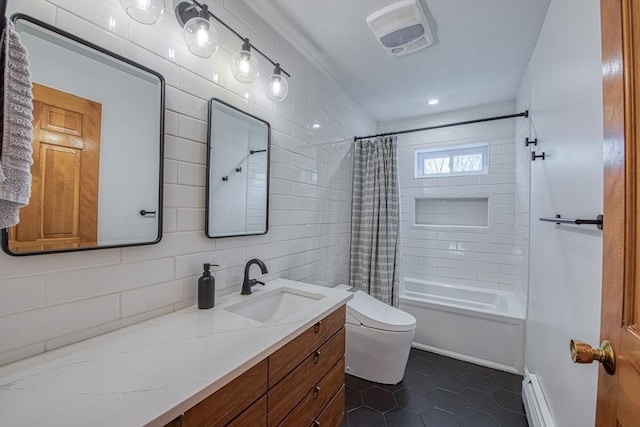 full bath featuring tile patterned floors, a baseboard radiator, vanity, toilet, and shower / tub combo with curtain
