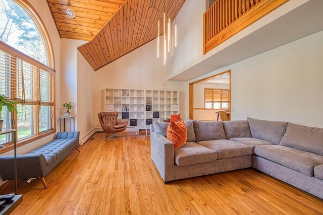 living room with wood ceiling, high vaulted ceiling, and light wood-style flooring