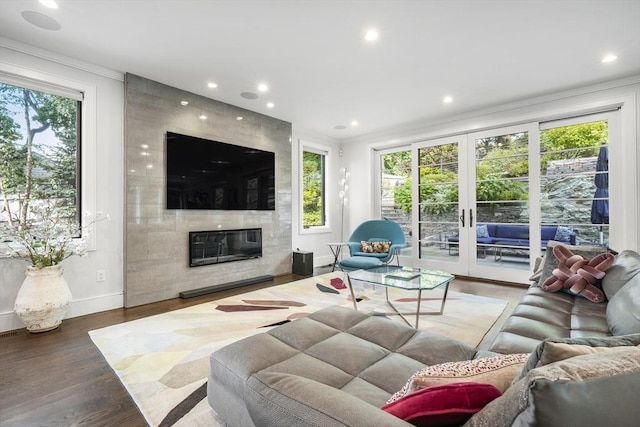 living room featuring plenty of natural light, a large fireplace, crown molding, and wood finished floors