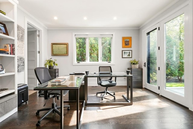 home office with ornamental molding, dark wood finished floors, and recessed lighting