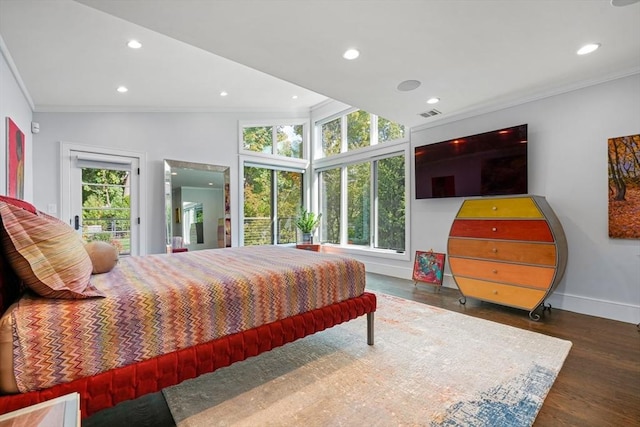 bedroom with baseboards, ornamental molding, dark wood-style flooring, access to exterior, and recessed lighting