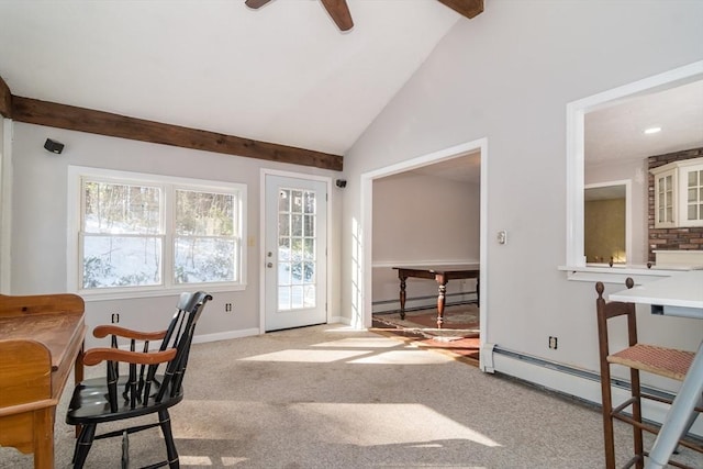 living area with lofted ceiling, a baseboard heating unit, light carpet, and ceiling fan