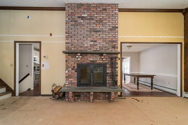 unfurnished living room featuring a brick fireplace and a baseboard heating unit