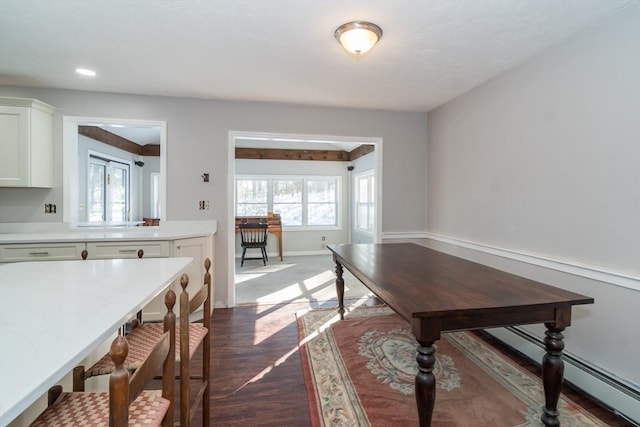 dining space with a baseboard heating unit and dark hardwood / wood-style floors