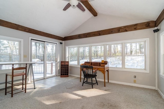 carpeted home office with lofted ceiling with beams, a baseboard radiator, and ceiling fan