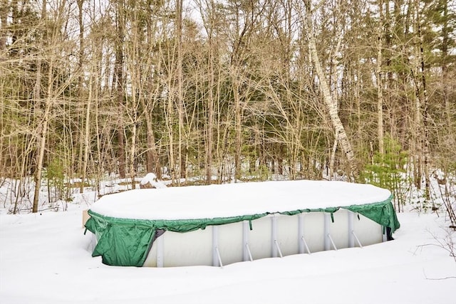 snowy yard with a covered pool