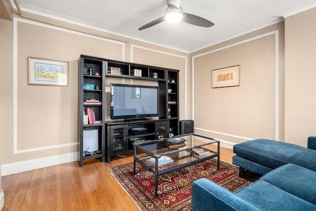 1450-1454 Beacon St Unit 301, Brookline, MA 02446 - living room featuring ceiling fan, wood finished floors, and ornamental molding