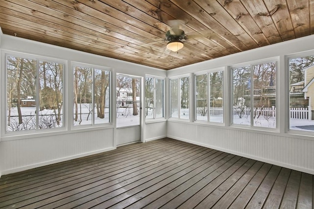 unfurnished sunroom featuring plenty of natural light, wooden ceiling, and ceiling fan