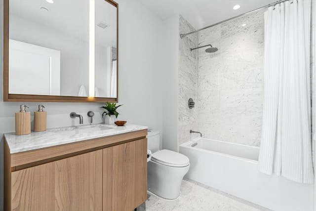 full bathroom with toilet, shower / bath combo, visible vents, and vanity