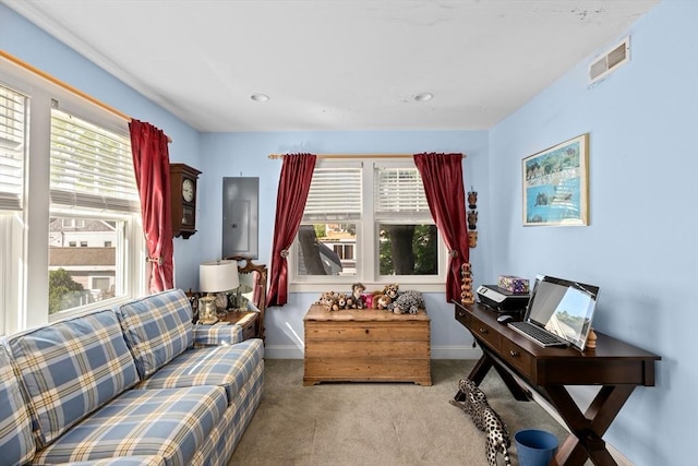 sitting room featuring light colored carpet, a healthy amount of sunlight, and electric panel