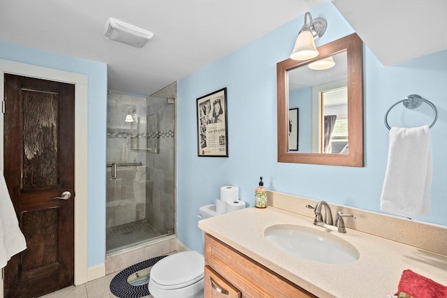 bathroom featuring tile patterned floors, an enclosed shower, vanity, and toilet