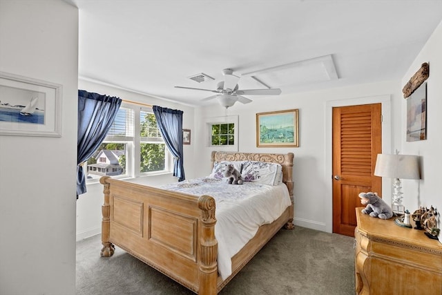 carpeted bedroom with ceiling fan