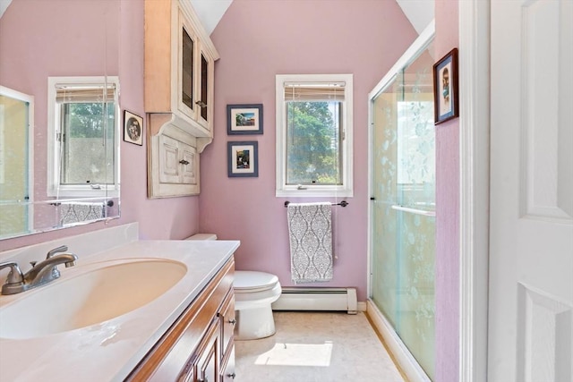 76 Beaver Rd, Ware, MA 01082 - full bathroom with a baseboard radiator, healthy amount of natural light, vanity, an enclosed shower, and vaulted ceiling