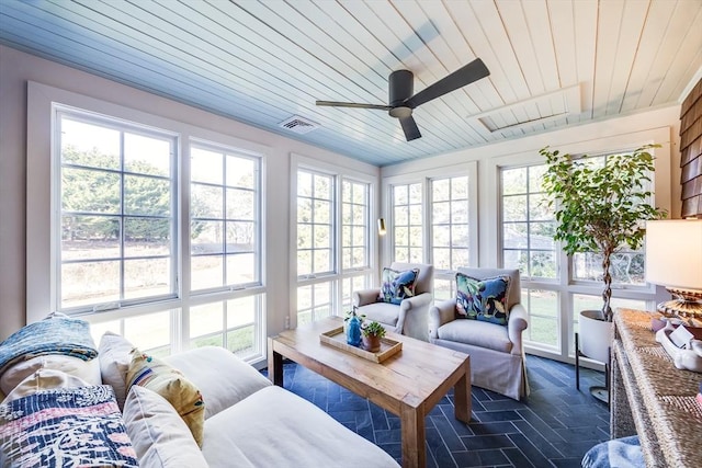 sunroom / solarium with ceiling fan and wood ceiling