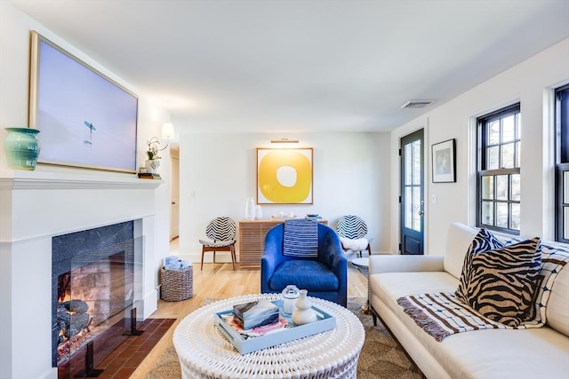 living room featuring hardwood / wood-style floors and a premium fireplace