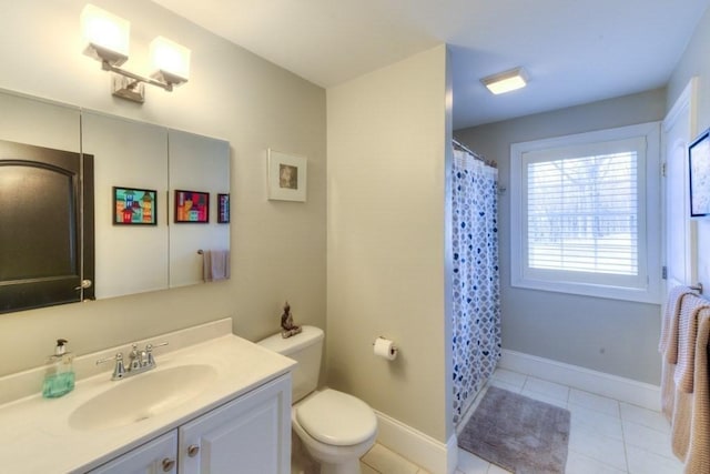 full bath with tile patterned flooring, baseboards, vanity, and toilet