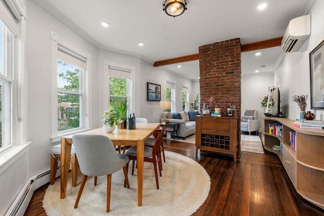 74 Rutherford Ave Unit 3, Boston, MA 02129 - dining area with a wall unit AC, crown molding, dark wood-style floors, a baseboard heating unit, and recessed lighting