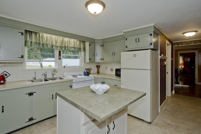299 Shaker Rd, Westfield, MA 01085 - kitchen featuring white appliances, a sink, light countertops, backsplash, and crown molding