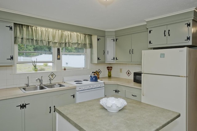 299 Shaker Rd, Westfield, MA 01085 - kitchen with white appliances, a sink, backsplash, light countertops, and crown molding