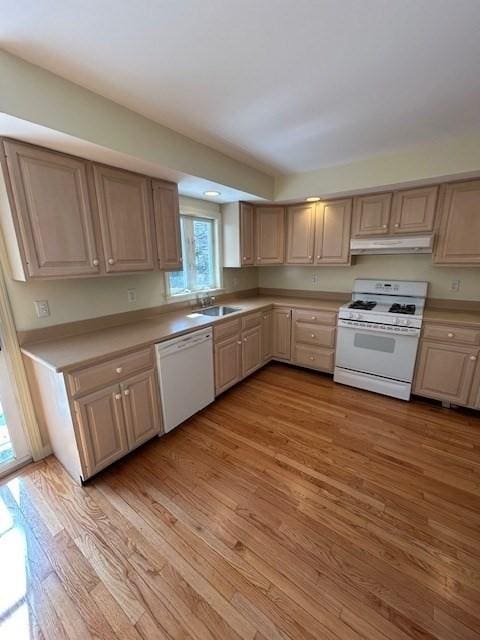 kitchen featuring white appliances, a sink, light countertops, under cabinet range hood, and light wood-type flooring