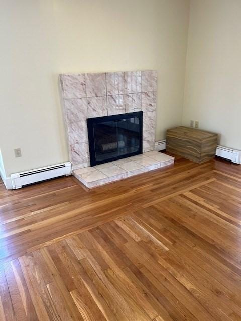 details featuring a baseboard heating unit, baseboard heating, wood finished floors, and a fireplace