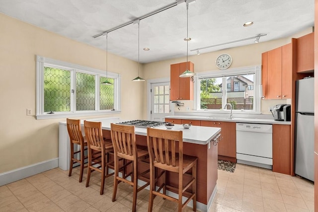 25 Autumn St, Everett, MA 02149 - kitchen featuring appliances with stainless steel finishes, rail lighting, light countertops, a breakfast bar, and plenty of natural light