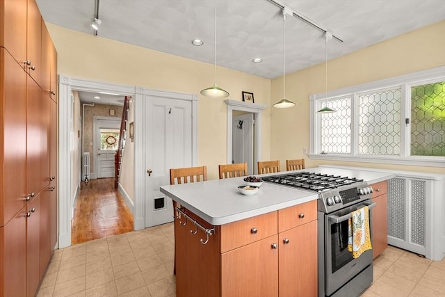 25 Autumn St, Everett, MA 02149 - kitchen featuring rail lighting, stainless steel range with gas cooktop, radiator heating unit, and radiator