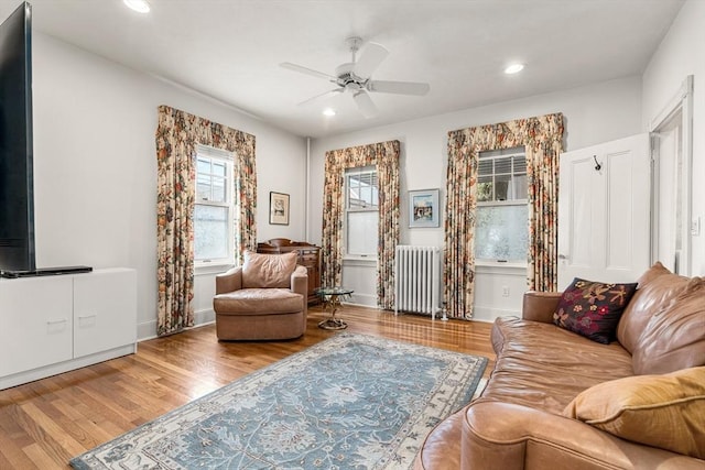 25 Autumn St, Everett, MA 02149 - living area featuring radiator, wood finished floors, a ceiling fan, and recessed lighting