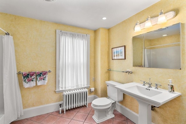 25 Autumn St, Everett, MA 02149 - full bath with radiator, tile patterned floors, and a shower with shower curtain