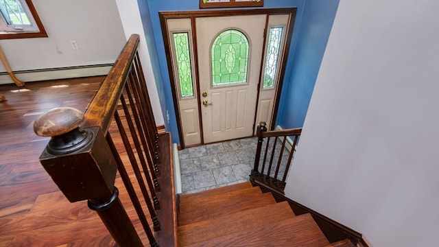 entrance foyer featuring wood-type flooring and baseboard heating