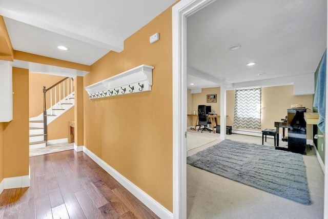 825 S St, Tewksbury, MA 01876 - corridor with baseboards, a desk, stairs, wood-type flooring, and recessed lighting