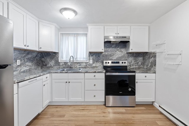 kitchen with white cabinets, sink, baseboard heating, and stainless steel appliances