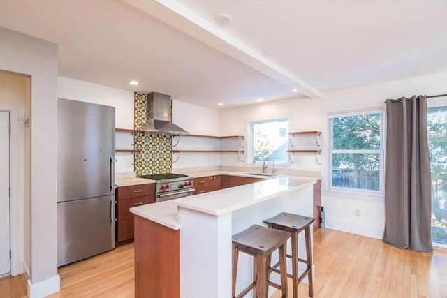 kitchen with light wood finished floors, open shelves, appliances with stainless steel finishes, a sink, and wall chimney range hood