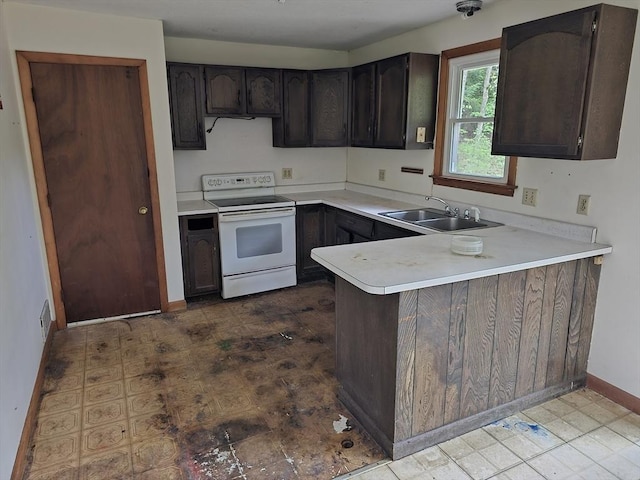 288 Leverett Rd, Shutesbury, MA 01072 - kitchen with white electric range oven, a sink, baseboards, a peninsula, and light countertops