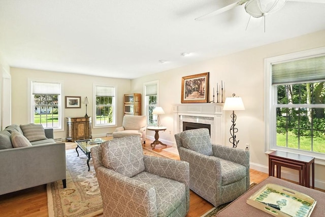 34 Hawks Cir, Westfield, MA 01085 - living room with a fireplace, wood finished floors, and ceiling fan