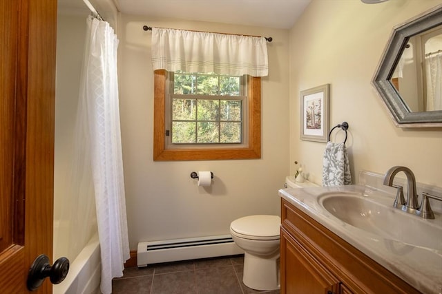 bathroom with tile patterned flooring, baseboard heating, toilet, and vanity