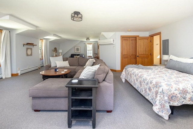 carpeted bedroom featuring baseboards, baseboard heating, and a wall mounted air conditioner