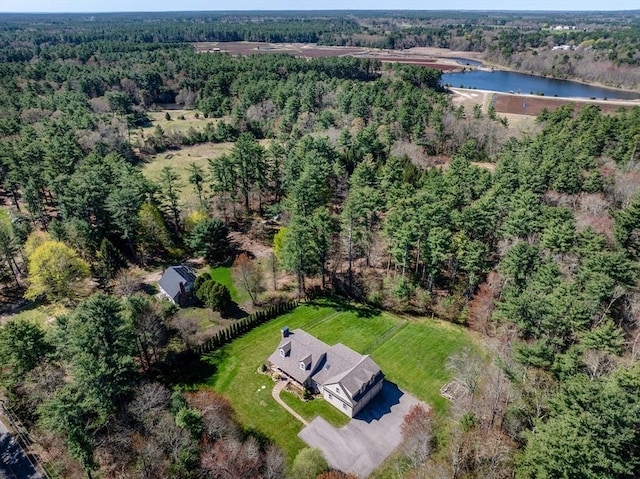 drone / aerial view with a water view and a view of trees