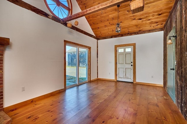 41 Coombs Hill Rd, Shelburne, MA 01340 - empty room featuring hardwood / wood-style flooring, high vaulted ceiling, beamed ceiling, baseboards, and wood ceiling