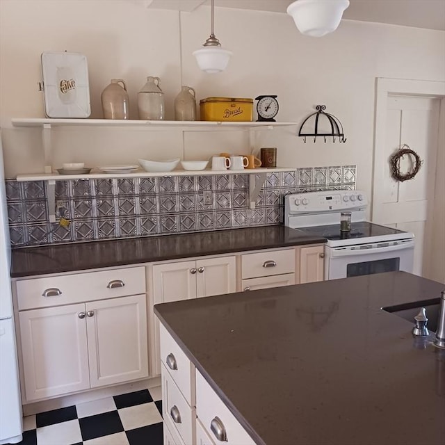 41 Coombs Hill Rd, Shelburne, MA 01340 - kitchen featuring white range with electric cooktop, white cabinetry, light floors, open shelves, and pendant lighting
