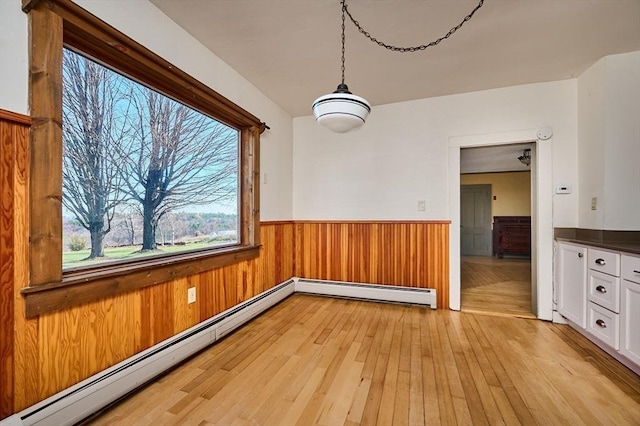 41 Coombs Hill Rd, Shelburne, MA 01340 - unfurnished dining area featuring a baseboard radiator, a wainscoted wall, light wood finished floors, and wooden walls
