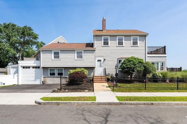70 Williams St, Quincy, MA 02171 - view of front facade featuring a garage, a chimney, a fenced front yard, entry steps, and asphalt driveway