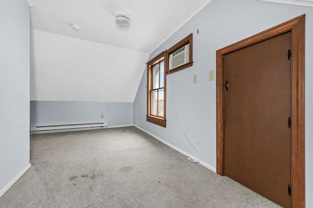 bonus room with carpet, a baseboard radiator, baseboards, and vaulted ceiling