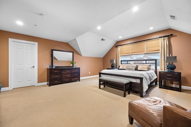 bedroom with visible vents, lofted ceiling, and baseboards