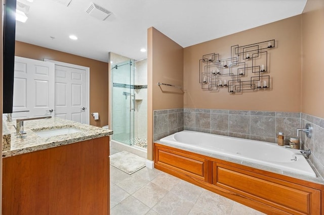 full bathroom featuring tile patterned flooring, visible vents, a garden tub, recessed lighting, and a stall shower