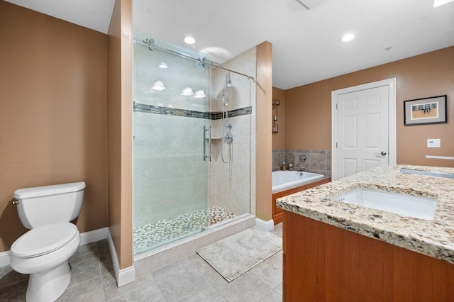 full bathroom featuring a bath, tile patterned floors, a stall shower, and toilet